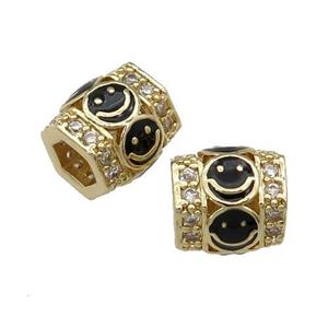 copper Tube beads paved zircon with black enamel smileface, gold plated, approx 9.5mm, 4mm hole [FN27917]