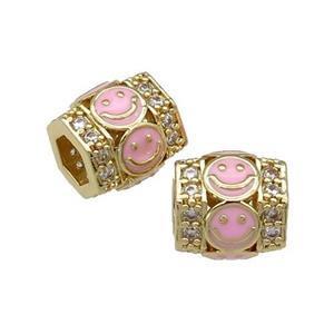 copper Tube beads paved zircon with pink enamel smileface, gold plated, approx 9.5mm, 4mm hole [FN27918]