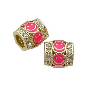 copper Tube beads paved zircon with hotpink enamel smileface, gold plated, approx 9.5mm, 4mm hole [FN27919]
