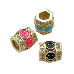 copper Tube beads paved zircon with enamel smileface, large hole, gold plated, mix, approx 9.5mm, 4mm hole [FN27920]