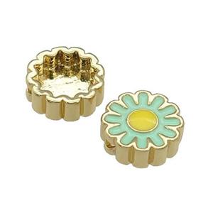 copper Sunflower beads with green enamel, gold plated, approx 11mm dia [FN27922]