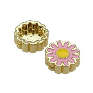 copper Sunflower beads with pink enamel, gold plated, approx 11mm dia [FN27923]