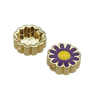 copper Sunflower beads with purple enamel, gold plated, approx 11mm dia [FN27924]