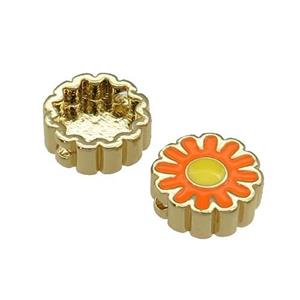 copper Sunflower beads with orange enamel, gold plated, approx 11mm dia [FN27925]