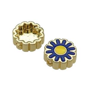 copper Sunflower beads with blue enamel, gold plated, approx 11mm dia [FN27926]