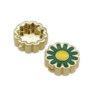 copper Sunflower beads with green enamel, gold plated, approx 11mm dia [FN27927]