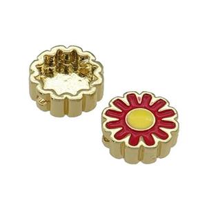 copper Sunflower beads with red enamel, gold plated, approx 11mm dia [FN27929]