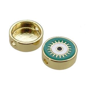copper circle Eye beads with green enamel, gold plated, approx 11mm dia [FN27939]