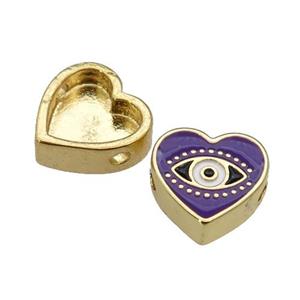 copper Heart beads with purple enamel, Evil Eye, gold plated, approx 11mm [FN27948]