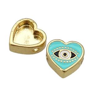 copper Heart beads with lt.green enamel, Evil Eye, gold plated, approx 11mm [FN27950]