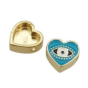 copper Heart beads with teal enamel, Evil Eye, gold plated, approx 11mm [FN27951]