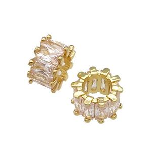 copper rondelle beads paved zircon, large hole, gold plated, approx 10mm dia, 5.5mm hole [FN27970]