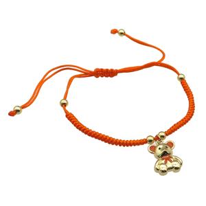 orange nylon bracelet with copper bear, adjustable, approx 12-15mm, 24cm length [FN28005]