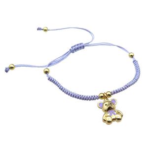 lavender nylon bracelet with copper bear, adjustable, approx 12-15mm, 24cm length [FN28007]