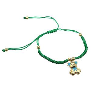 green nylon bracelet with copper bear, adjustable, approx 12-15mm, 24cm length [FN28008]