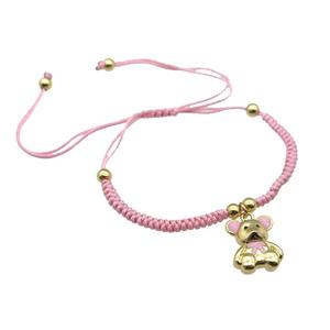 pink nylon bracelet with copper bear, adjustable, approx 12-15mm, 24cm length [FN28009]