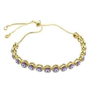 copper Bracelet with lavender enamel Evil Eye, adjustable, gold plated, approx 6mm, 26cm length [FN28020]