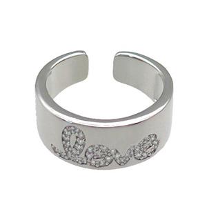 copper Ring paved zircon, LOVE, platinum plated, approx 9mm, 18mm dia [FN28025]