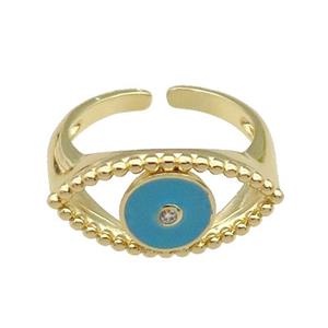 copper Ring with teal enamel Eye, gold plated, approx 11-20mm, 18mm dia [FN28031]