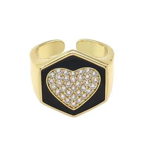 copper Heart Ring paved zircon with black enamel, gold plated, approx 18mm, 18mm dia [FN28037]