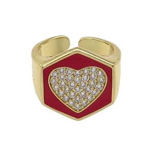 copper Heart Ring paved zircon with red enamel, gold plated, approx 18mm, 18mm dia [FN28038]