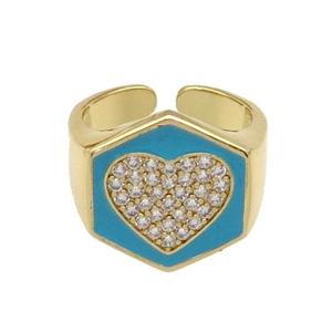 copper Heart Ring paved zircon with teal enamel, gold plated, approx 18mm, 18mm dia [FN28040]