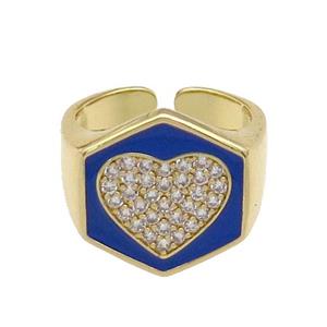 copper Heart Ring paved zircon with blue enamel, gold plated, approx 18mm, 18mm dia [FN28041]