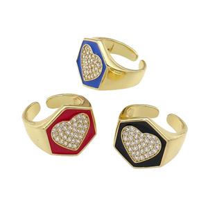 copper Heart Ring paved zircon with enamel, gold plated, mixed, approx 18mm, 18mm dia [FN28042]