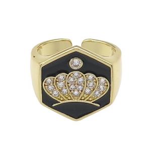 copper Crown Rings paved zircon with black enamel, gold plated, approx 18mm, 18mm dia [FN28044]