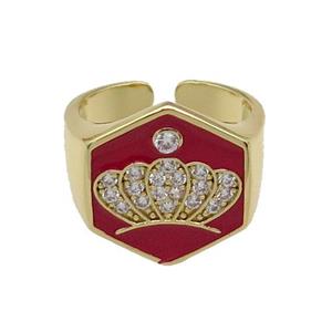 copper Crown Rings paved zircon with red enamel, gold plated, approx 18mm, 18mm dia [FN28045]