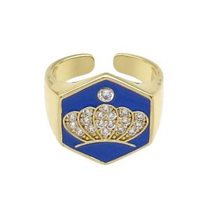 copper Crown Rings paved zircon with blue enamel, gold plated, approx 18mm, 18mm dia [FN28048]