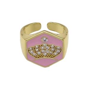 copper Crown Rings paved zircon with pink enamel, gold plated, approx 18mm, 18mm dia [FN28049]