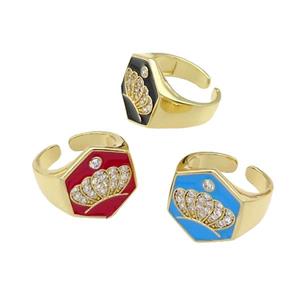 copper Crown Rings paved zircon with enamel, gold plated, mixed, approx 18mm, 18mm dia [FN28051]