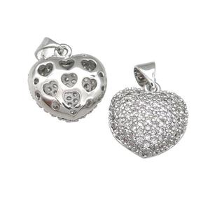 copper heart pendant pave zircon, platinum plated, approx 15mm [FN28198]