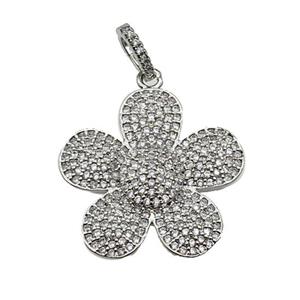 copper Flower pendant pave zircon, platinum plated, approx 25mm [FN28212]