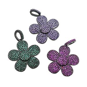 copper Flower pendant pave zircon, black plated, mixed, approx 25mm [FN28221]