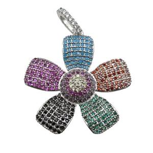 copper Flower pendant pave zircon, multicolor, platinum plated, approx 28mm [FN28222]