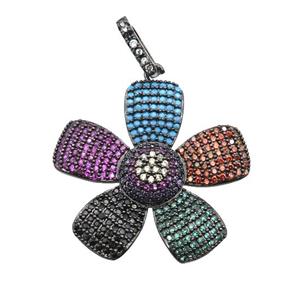 copper Flower pendant pave zircon, multicolor, black plated, approx 28mm [FN28224]