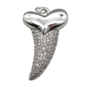 copper sharktooth charm pendant pave zircon, platinum plated, approx 22-38mm [FN28231]