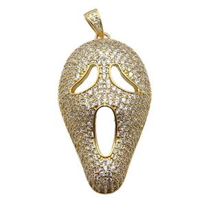 copper Halloween skull charm pendant pave zircon, gold plated, approx 27-45mm [FN28246]