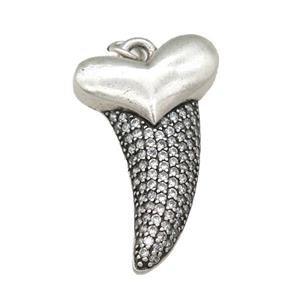 copper sharktooth charm pendant pave zircon, antique silver, approx 22-38mm [FN28258]