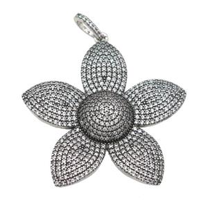 copper Flower pendant pave zircon, antique silver, approx 40mm [FN28261]