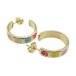 copper Stud Earring with enamel, emoji, gold plated, approx 6mm, 24mm dia [FN28272]