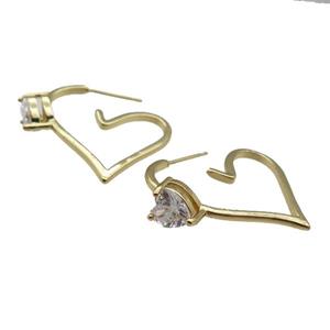 copper Stud Earring pave zircon, heart, gold plated, approx 7mm, 30mm [FN28273]