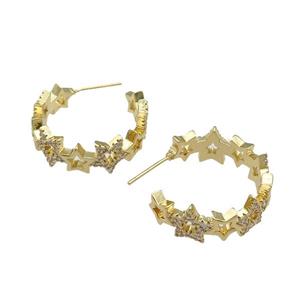 copper Stud Earring paved zircon, star, gold plated, approx 9.5mm, 25mm dia [FN28274]