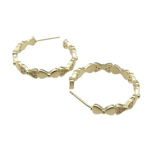 copper Stud Earring paved zircon, heart, gold plated, approx 5mm, 30mm dia [FN28275]