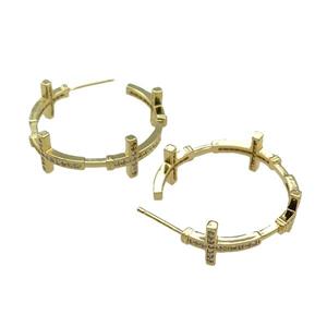 copper Stud Earring paved zircon, cross, gold plated, approx 10mm, 30mm dia [FN28276]