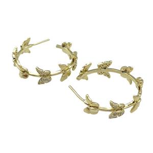 copper Stud Earring paved zircon, butterfly, gold plated, approx 9.5mm, 30mm dia [FN28277]