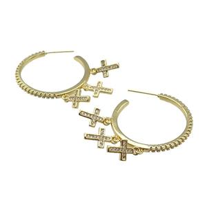 copper Stud Earring paved zircon, cross, gold plated, approx 7-10mm, 30mm dia [FN28280]