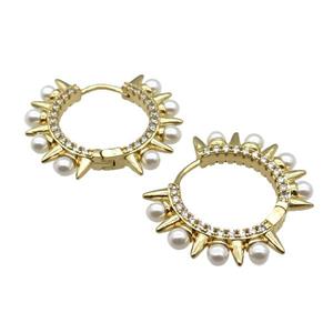 copper Hoop Earring paved zircon with pearlized glass, gold plated, approx 4mm, 32mm dia [FN28291]